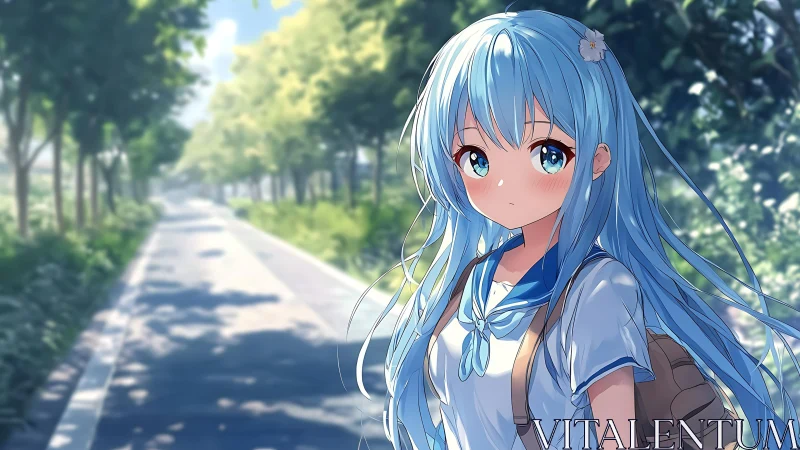 Blue-haired schoolgirl on sunlit tree-lined avenue background.