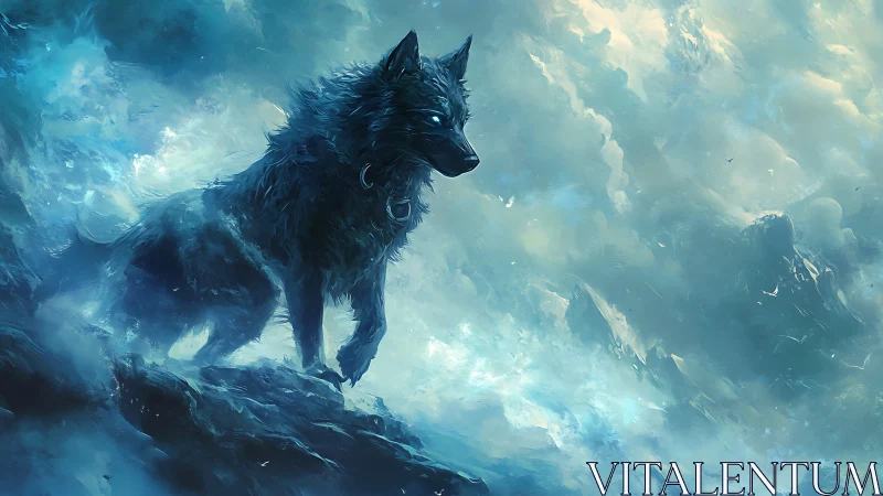 Storm-chasing spirit wolf carves a path through frozen sky