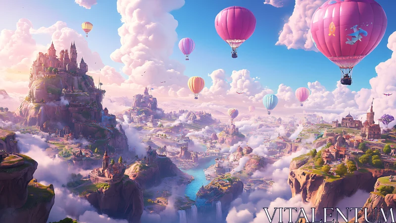 Fantasy valley with castles and colorful hot air balloons.