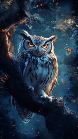 Majestic owl watches over a glowing enchanted forest night.
