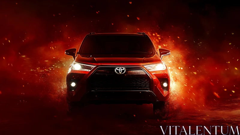 Front-lit red SUV in cinematic fire-inspired studio lighting