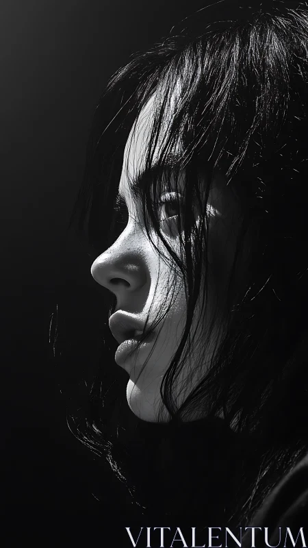Monochrome female profile under dramatic rim lighting.