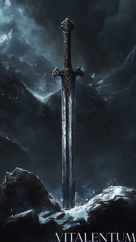 Stormbound relic blade piercing a frozen mountain hush.