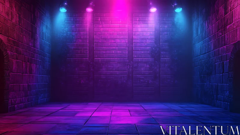 Neon-lit brick interior stage with colored spotlights.