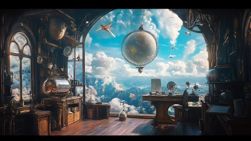 Skybound cartographer charts worlds from a floating study