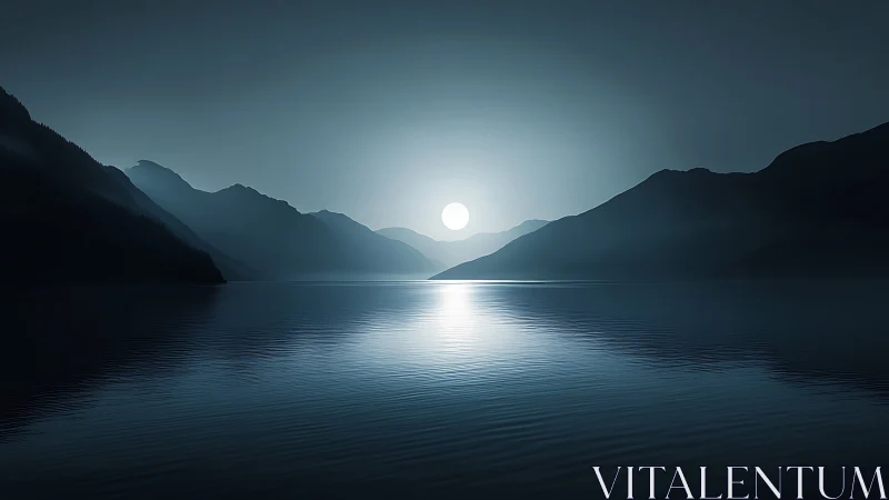 Calm moonlit lake framed by distant dark mountain ranges.