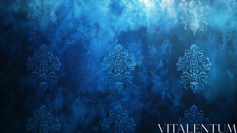 Ornate blue damask grid over textured atmospheric ground.