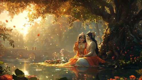 Divine couple rests by luminous river under flowering tree