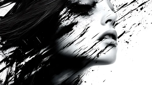 Monochrome female portrait dissolves into ink strokes.