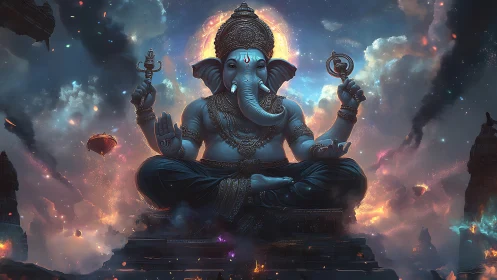 Radiant cosmic deity in serene, starlit meditation pose.