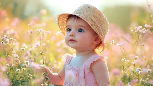 Toddler in straw hat among wildflowers in soft daylight