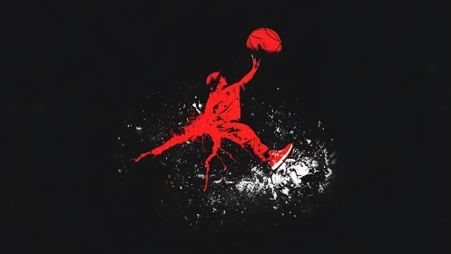 Red streetball silhouette soaring in a splash of energy.