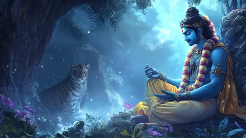 Divine blue figure meditating in bioluminescent forest glade