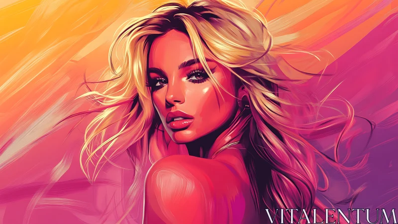 Chromatic vector portrait of woman in dynamic gradient winds.