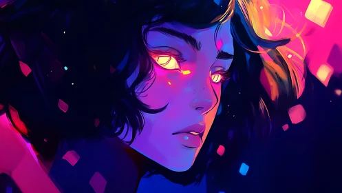 Side profile shows stylized portrait under neon gradient light