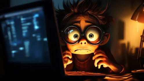 Overwhelmed coder stares at glowing screen in dark room