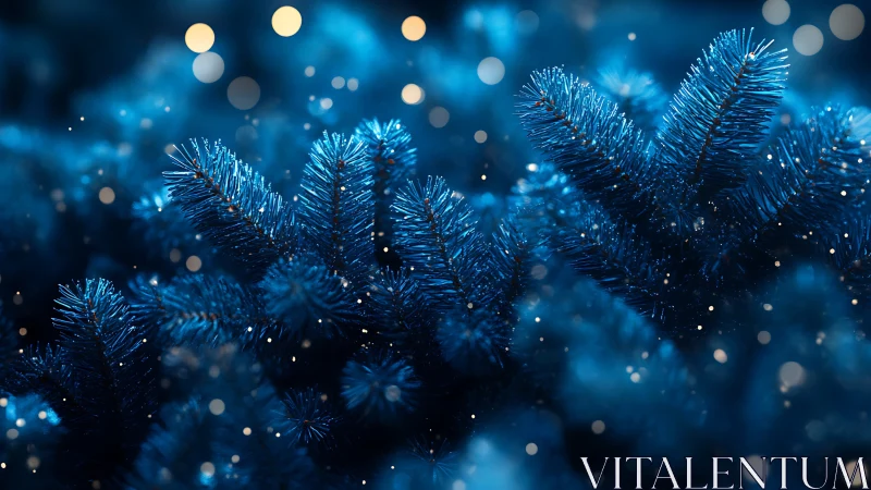 Blue conifer branches with shallow bokeh render in low light