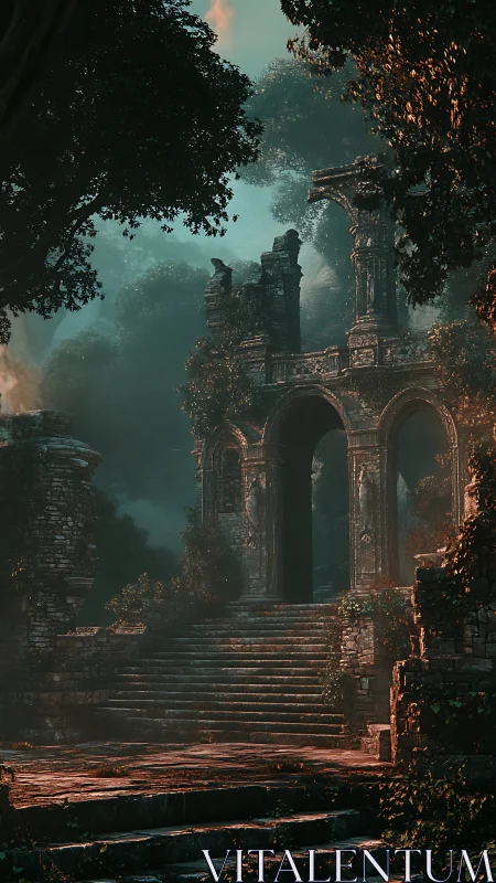 Ancient vine covered stone arches in misty forest ruins.