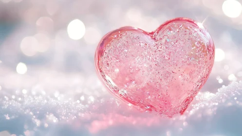 Glittering pink glass heart resting in a frosted dreamfield.