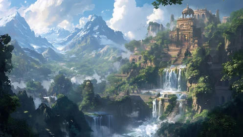Hidden mountain citadel hums above cascading skyborn waterfalls