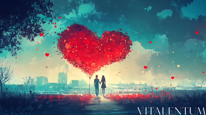 Two figures beneath massive red heart-shaped tree with particle luminescence.