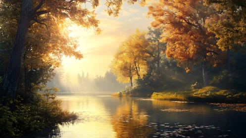 Golden autumn sunlight over calm reflective forest river.