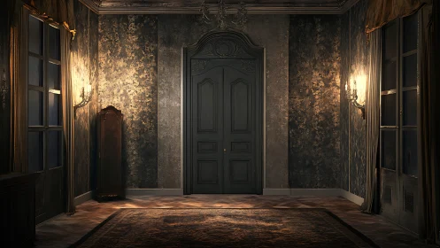 Velvet shadows linger before the grand closed parlor door.