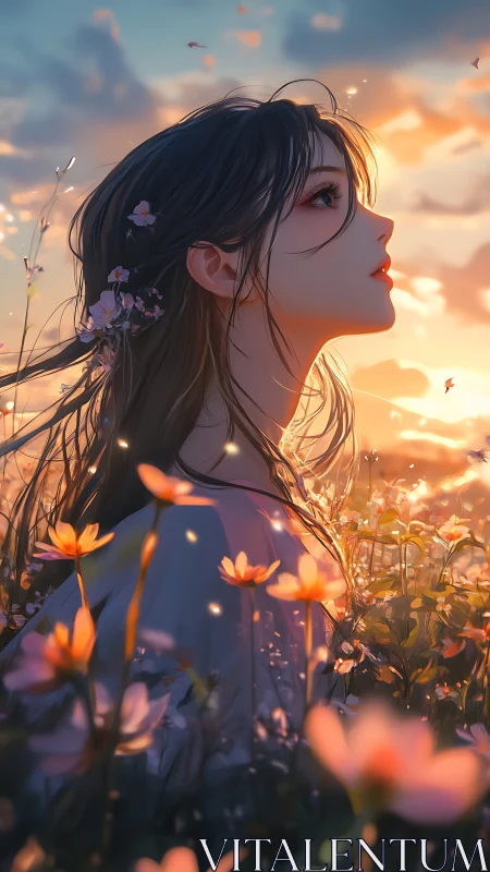Side-profile anime girl in flower field at sunset light.