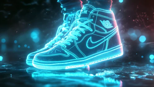 Glowing neon sneakers step into a dreamy cyber street scene.