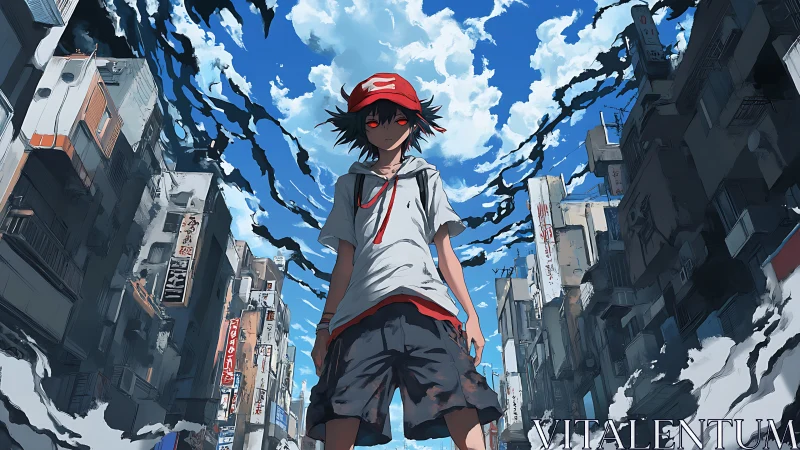 Streetborn stormwalker kid strides under torn electric sky.