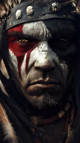 War-painted tribal warrior stares forward in blazing intensity.