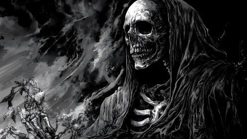 Hooded skeletal figure with decayed plants in monochrome scene.