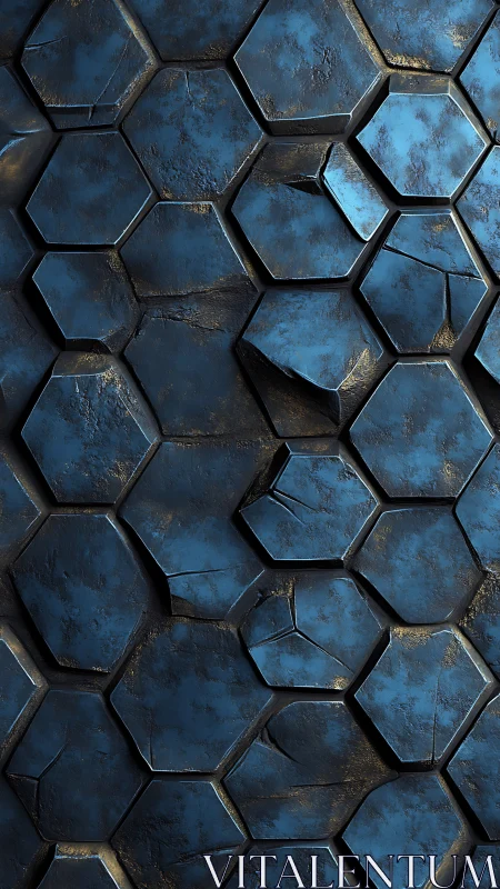 Weathered blue hexagonal tiles form fractured relief wall