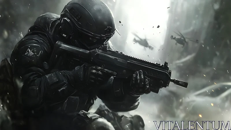 Tactical soldier advances through ruined city under fire.