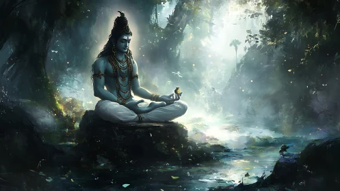 Divine blue figure meditates beside a misty forest stream