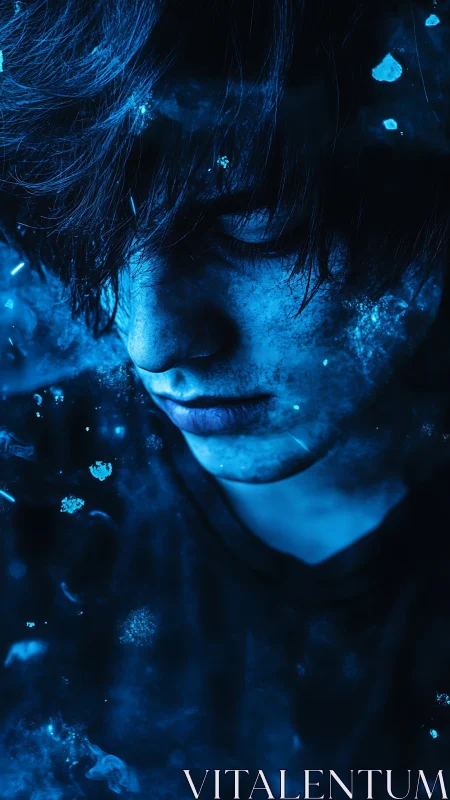 Moody blue portrait of young person in abstract light.