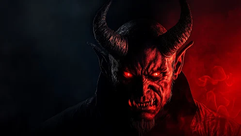 Demonic horned creature in red smoke with glowing eyes.