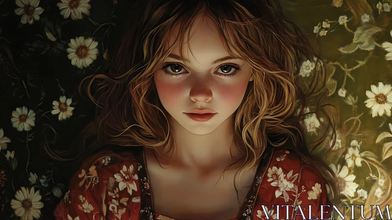 Floral portrait unveils ethereal girl in warm, painterly light.