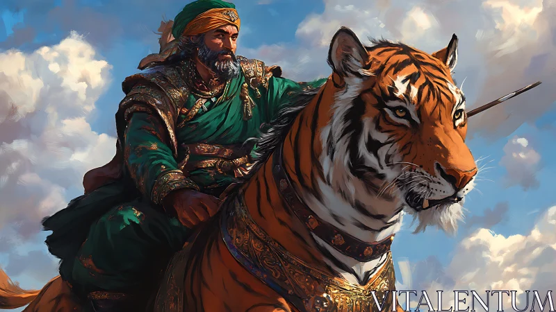 Tiger steed carries emerald-clad warrior through painted skies