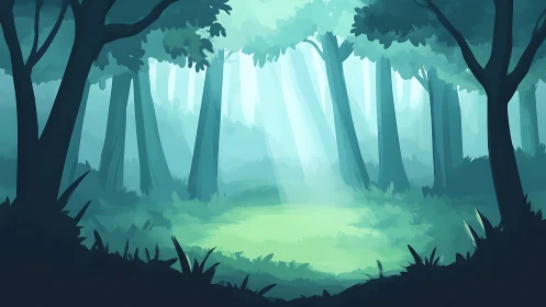 Forest Interior with Tall Trees and Atmospheric Light Rays