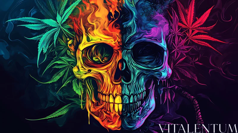 Luminous skull in neon smoke and leaves, blazing with color.