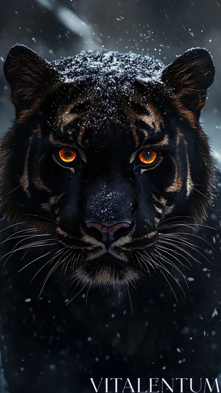 Snow-dusted black tiger stares forward with burning eyes.
