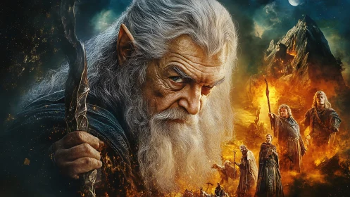 Elder battle mage dominates volcanic fantasy war tableau.