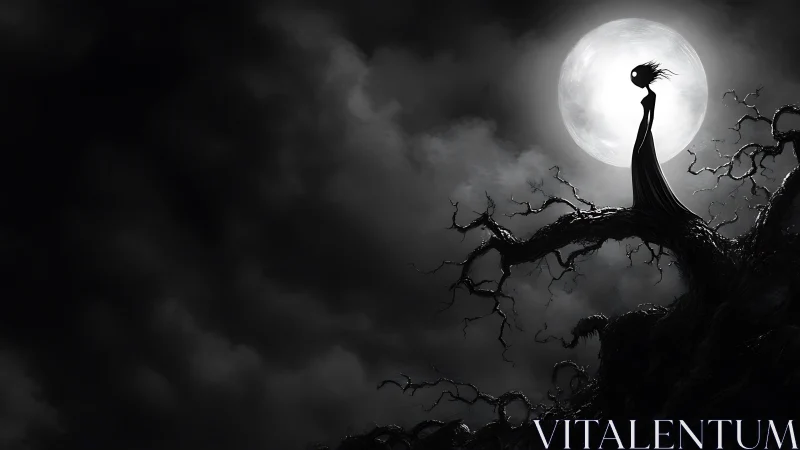 Moonlit dreamer stands tall on a twisted, windswept tree branch