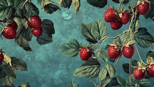 Strawberry vines intertwine over teal painterly backdrop.
