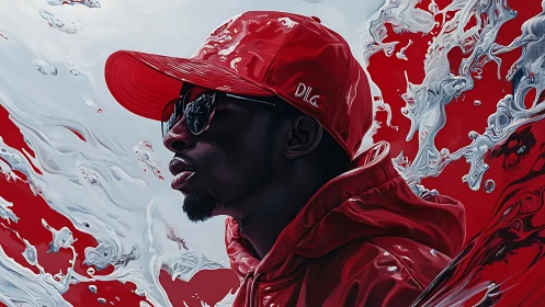 Crimson wave rider in glossy streetwear and liquid motion.