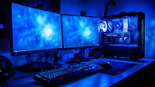 Dual-monitor gaming PC desk setup glows with blue LED lighting