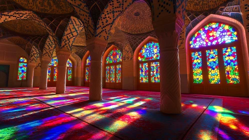 Chromatic light diffusion in stained-glass vaulted interior.