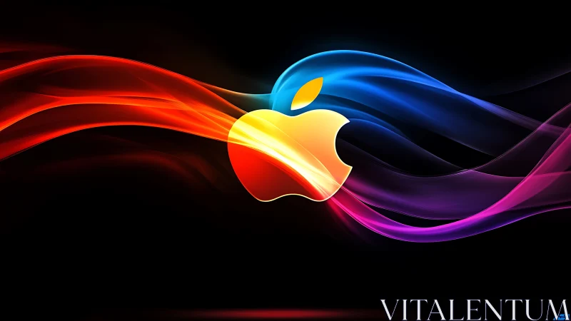 Radiant apple icon glows amid flowing neon color waves