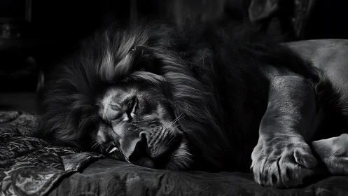 Gentle king at rest, a peaceful lion wrapped in midnight hush.